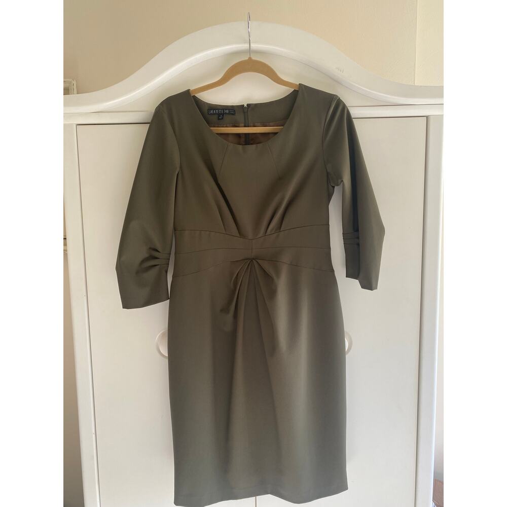 Lafayette 148 New York Dress Wool Blend Center Pleat 3/4 Sleeve Olive Green 4